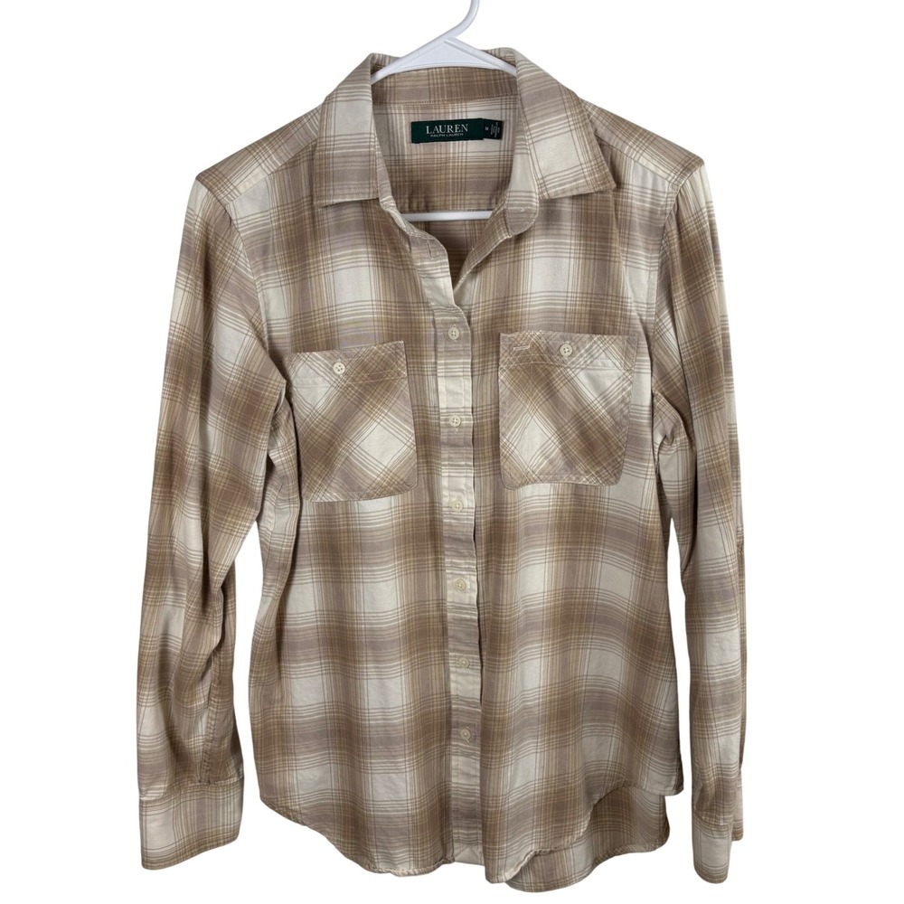 Lauren Ralph Lauren Button Up Flannel Shirt Women's M  Tan Cream‎ Plaid Cotton